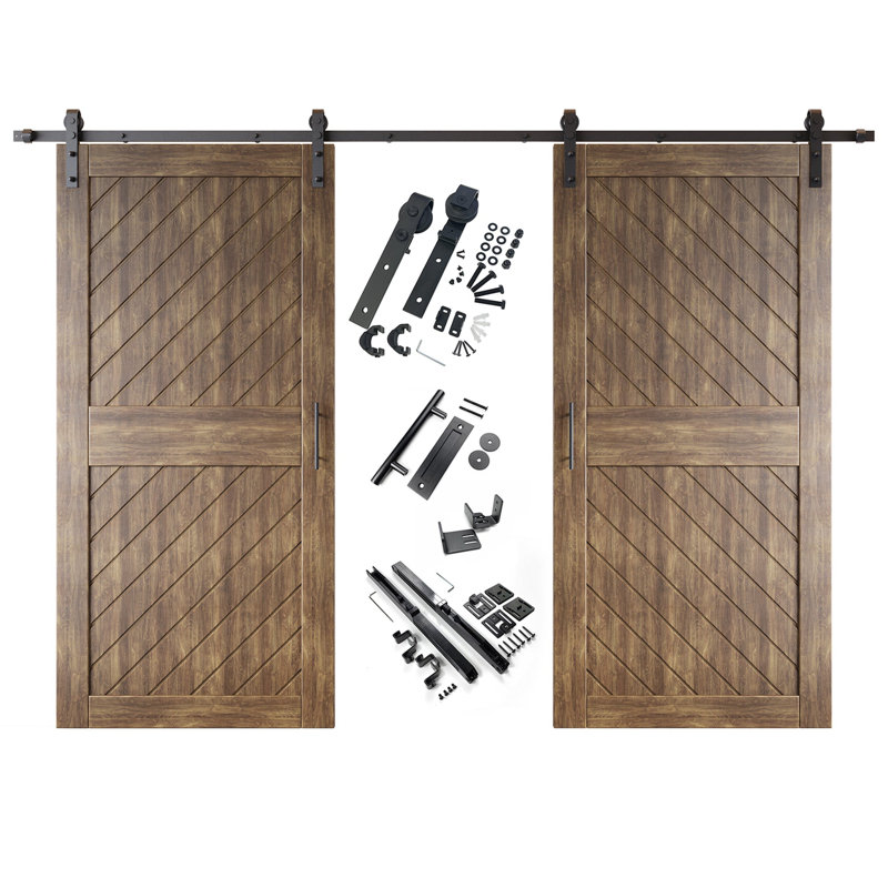 Homacer dark walnut unassembled & finished slanted stripe design two barn door with non-bypass installation hardware kit, interior use only