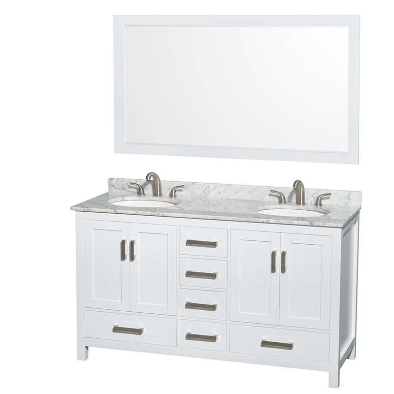 Meuble-lavabo double autoportant 60 po avec plateau en marbre Sheffield, Chrome brossé, White