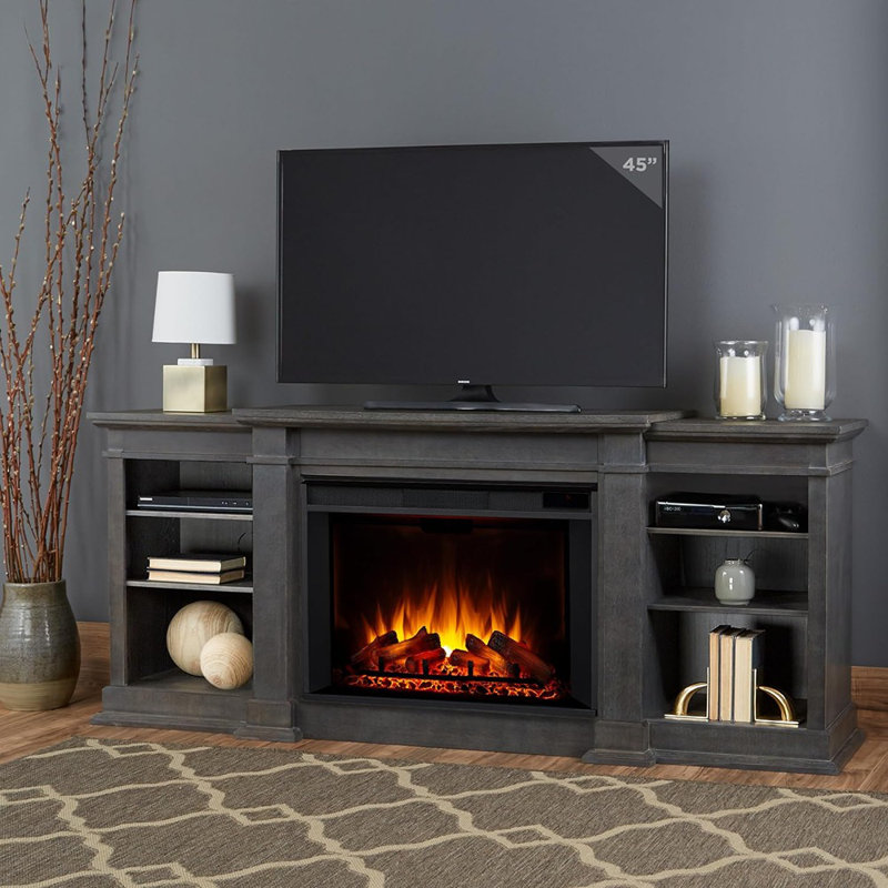 Meuble télé grand foyer électrique avec tablettes réglables, rangement, télécommande et minuterie, noir - Meuble télé avec foyer / bois / moderne