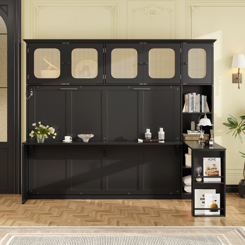 Lit double escamotable avec bureau et armoires en rotin, armoire de lit murale peu encombrante pour bureau à domicile, noir