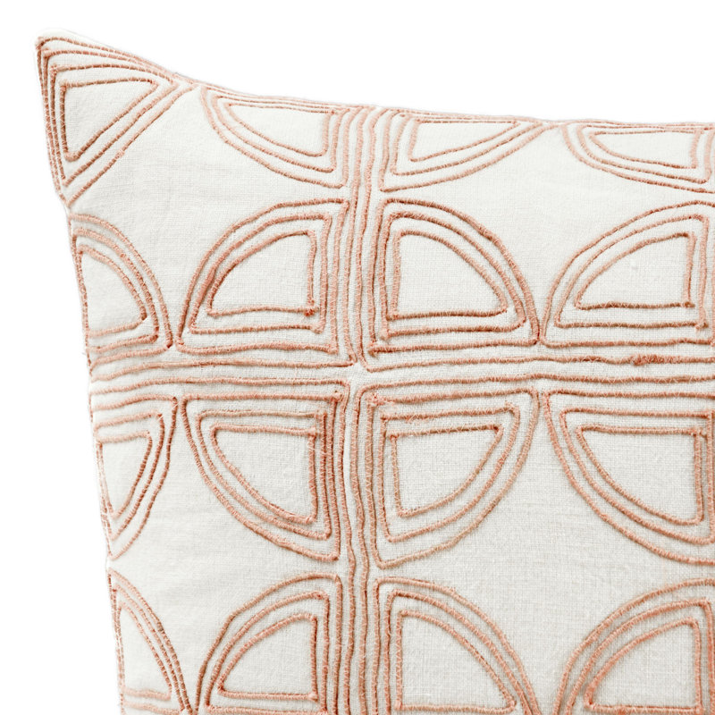 22" Pink and Ivory Geometric Embroidered Linen Square Pillow
