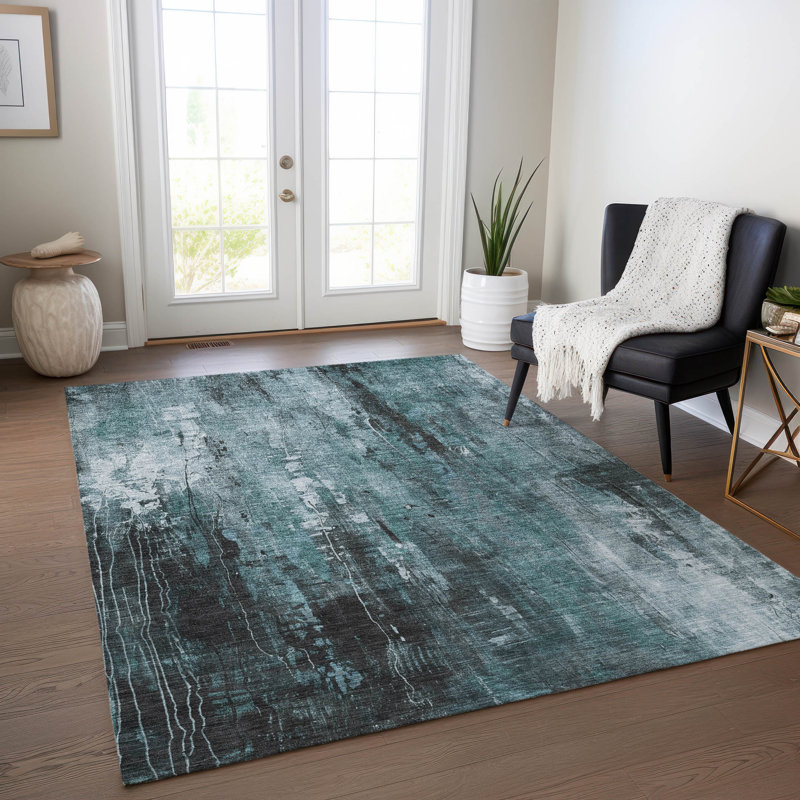 Caelion Teal Washable Indoor-Outdoor Rug - LOOMLAN, 10' x 14'
