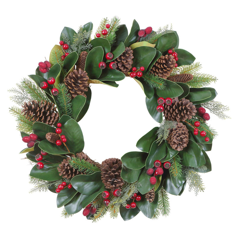 CHRISTMAS MAGNOLIA W BERRY CONE WREATH