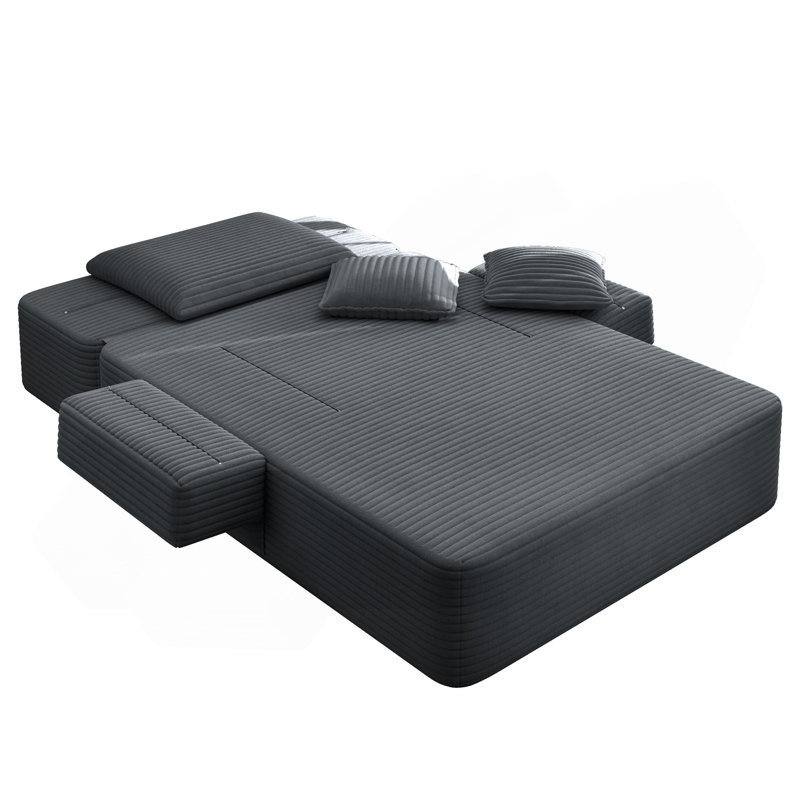 Luxueuse chaise longue en velours côtelé moelleux avec 3 coussins, canapé-lit convertible avec poche de rangement, conception sans cadre et mousse de compression pour les petits espaces, salon, appartement, gris foncé