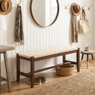 40" Walnut Solid Wood Farmhouse Dining Bench, Hand-Woven Rope Seat Entryway Bench