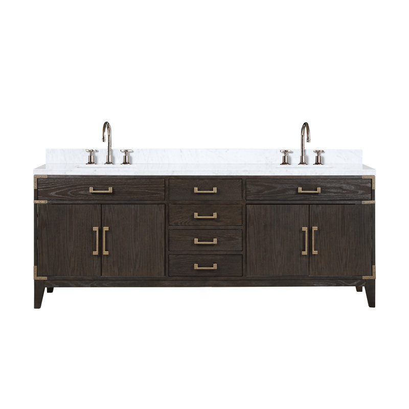 Laurel 84 in W x 22 in D Double Bath Vanity & Faucet Set, White Carrara Marble, White Oak