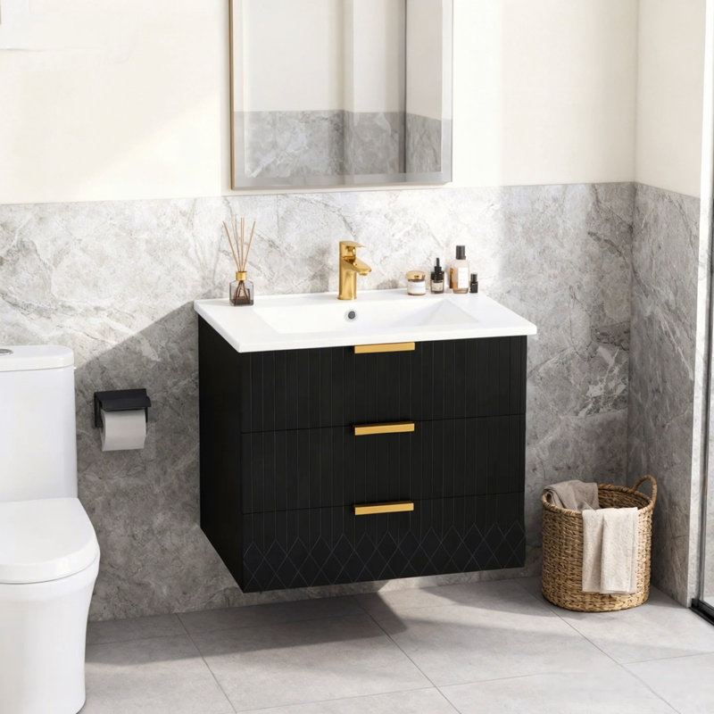 Armoire de salle de bain murale avec lavabo et tiroirs, Noir