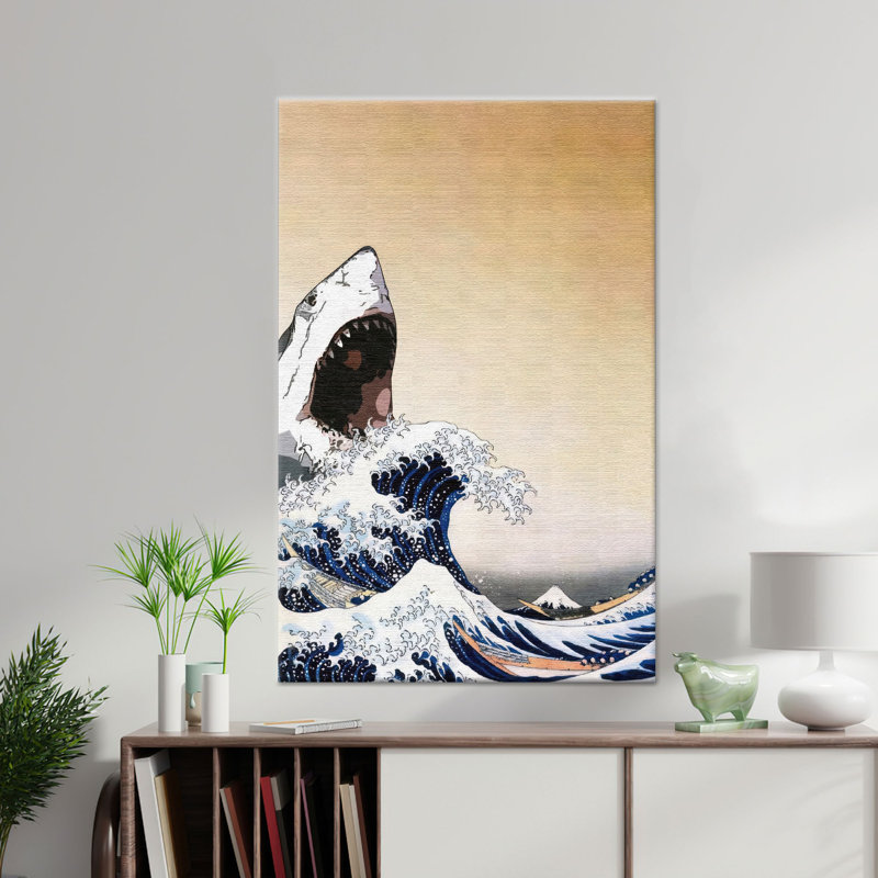 Japanese Canvas Print: Elegant Shark Wave Glass Wall Art,1P Wrapped Canvas, H: 23.6 x W:15.8 inches