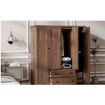 Armoire penderie 4 portes avec 2 tiroirs, brun