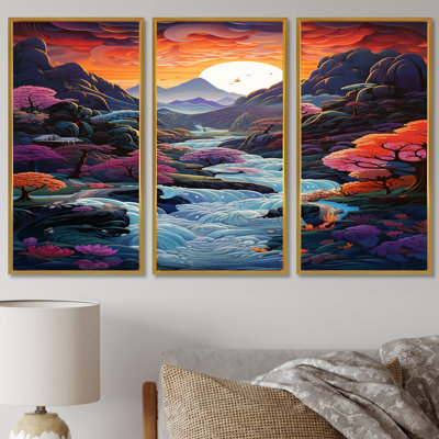 Coloré, montagne chinoise, rivière, pleine lune, ensemble d'art mural Lake House