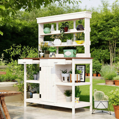 Banc de rempotage d'extérieur 66 "avec tablettes, poste de travail de jardin en bois de sapin massif avec grand comptoir, 2 tiroirs et armoire rustique