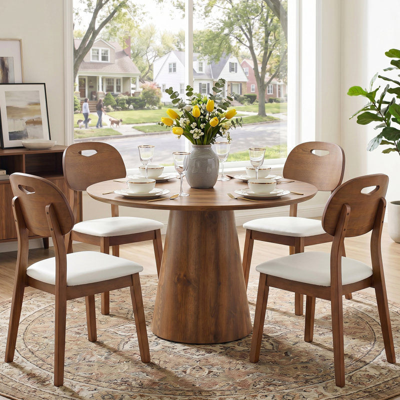 5-Piece Mid-Century Dining Set With 45" Round Pedestal Table And 4 Solid Wood White Faux Leather Chairs, White