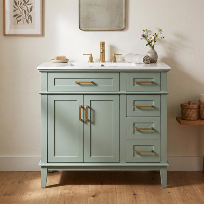 Meuble-lavabo moderne de 30 po avec lavabo en céramique - Armoire de rangement moderne avec portes à fermeture douce, tiroir profond et tiroir standard