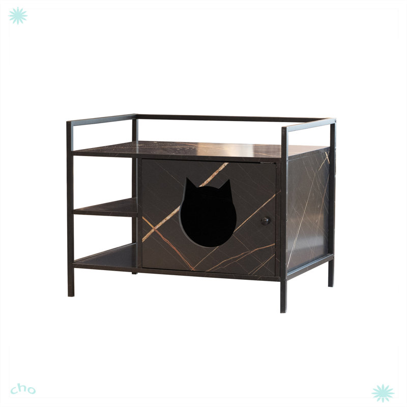 Modern Black Marble Cat Litter Box Enclosure with Shelves