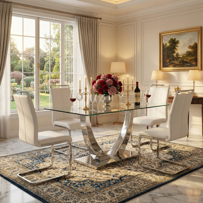 Seidel Modern Rectangular Tempered Glass Dining Set, Chrome Metal Pedestal with Upholstered Dining Chairs, White