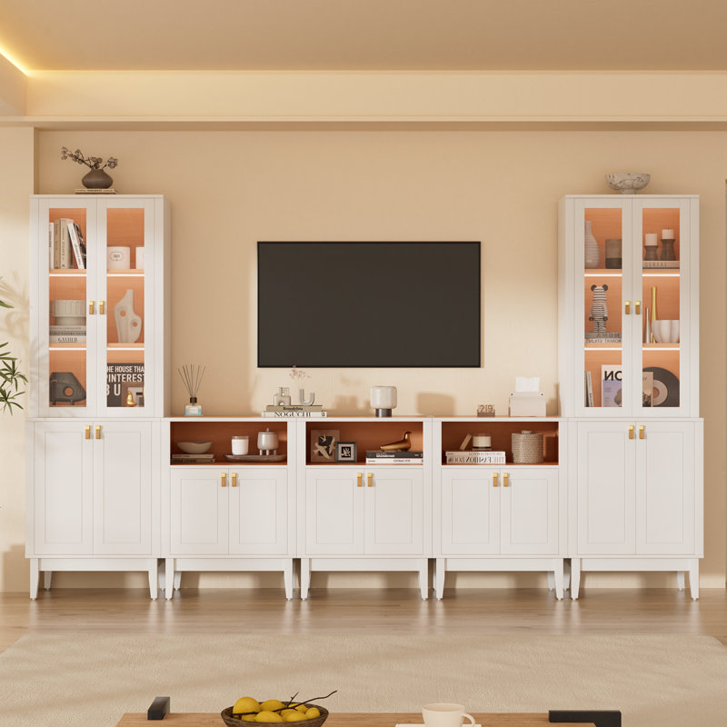 118" W Modular Entertainment Center & Display Cabinet with LED Lights, Glass Doors & Leather Handles,White,TV Stand for TVs Up to 75"