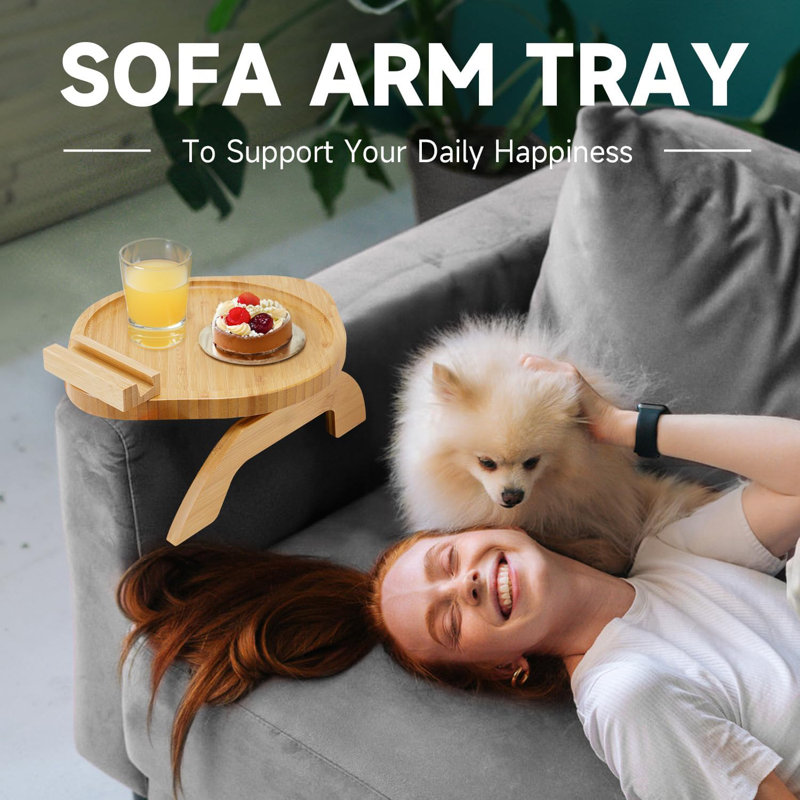 Couch Arm Tray Table,Bamboo Sofa Side Tables Clip-On Couch With 360° Phone Holder,Foldable Sofa Armrest Tray For Eating,Drink, Snacks, Coffee, TV,Remote
