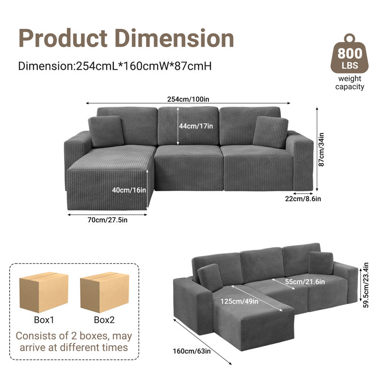 100-inch Corduroy L-shaped Sectional 3-person Modular Cloud Sofa, Gray Corduroy