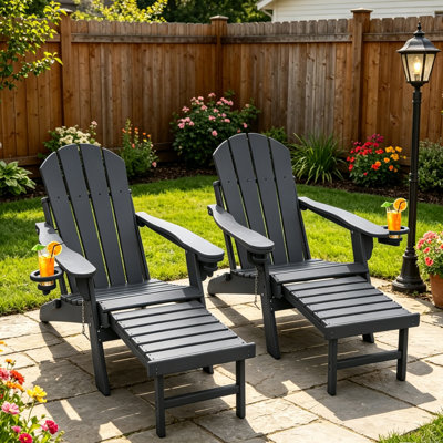Set Of 2 Folding Adirondack Chair with Ottoman&Cup Holder