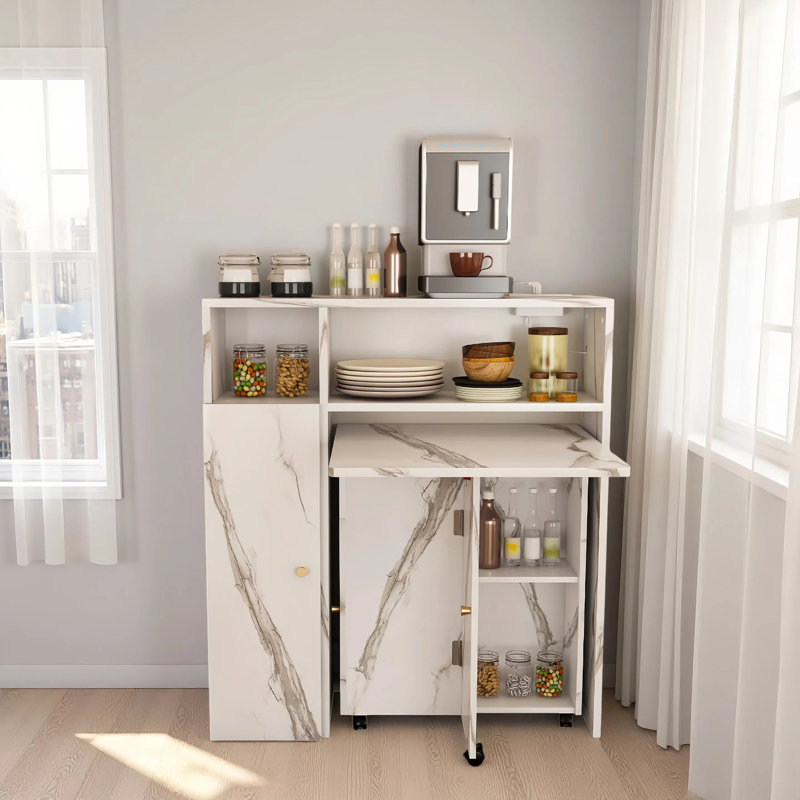 Folding Dining Table And Storage Sideboard With Charging Station, Multifunctional Space-Saving Kitchen Table With Wheels