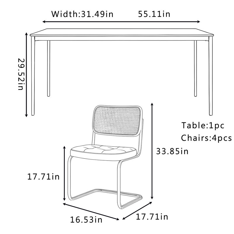 Ensemble de table et chaises de salle à manger de luxe moderne, H 29,52 po x L 55,11 po x l 31,49 po