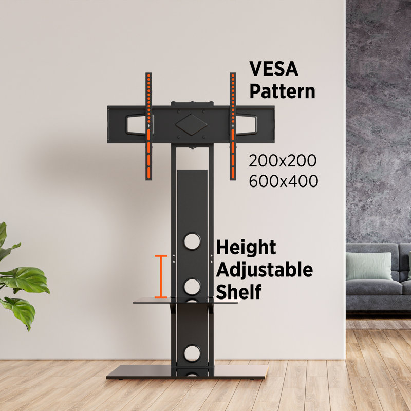 Black Metal Swivel TV Stand with Tempered Glass Shelves