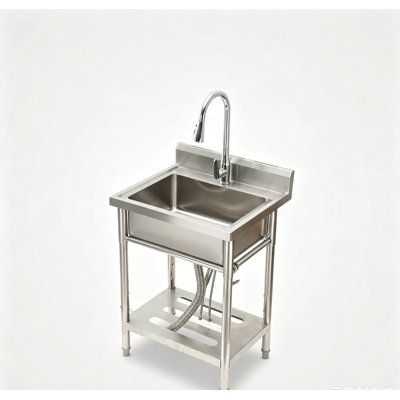 Heavy Duty Stainless Steel Utility Sink - Large Single Basin with Pull-Out Hot & Cold Brass Faucet, Storage Shelf & Drain Kit, for Garage, Kitchen & Backyard, Silver