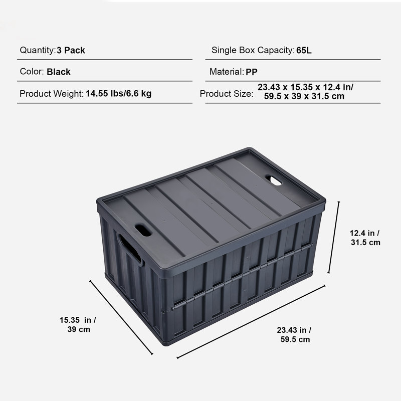 Collapsible Storage Bins with Lids, 65L 3 Packs, Folding Plastic Stackable Utility Crates with Handles, Large Heavy-Duty Containers for Clothes, Toys, Books, Snack, Shoes, and Grocery Organizing