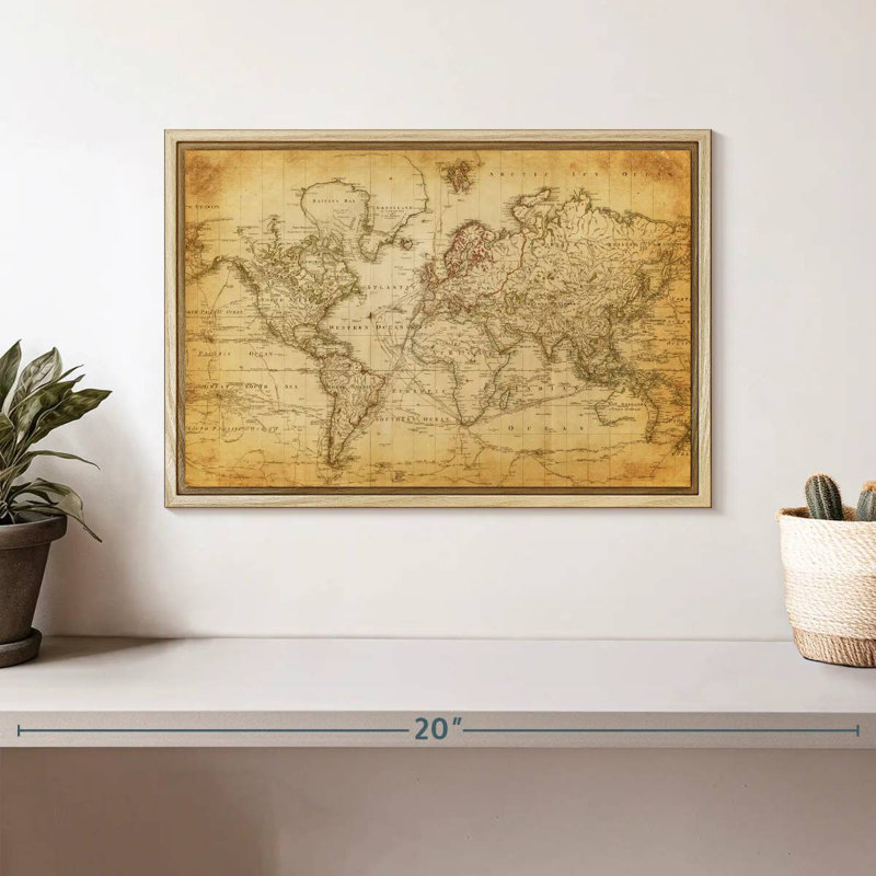 Carte du monde de l'Ancien siècle, 13 po x 9 po, Cadre flottant en bois naturel