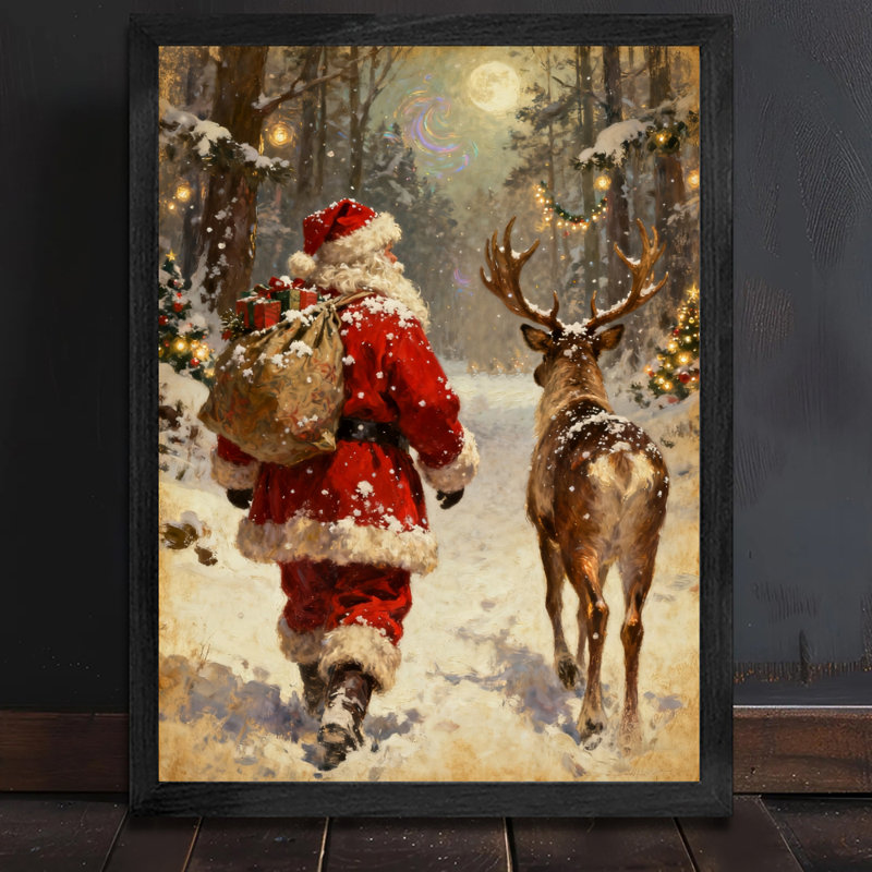 Père Noël rétro noir encadré avec art mural de style rétro, H 11 po x l 9 po