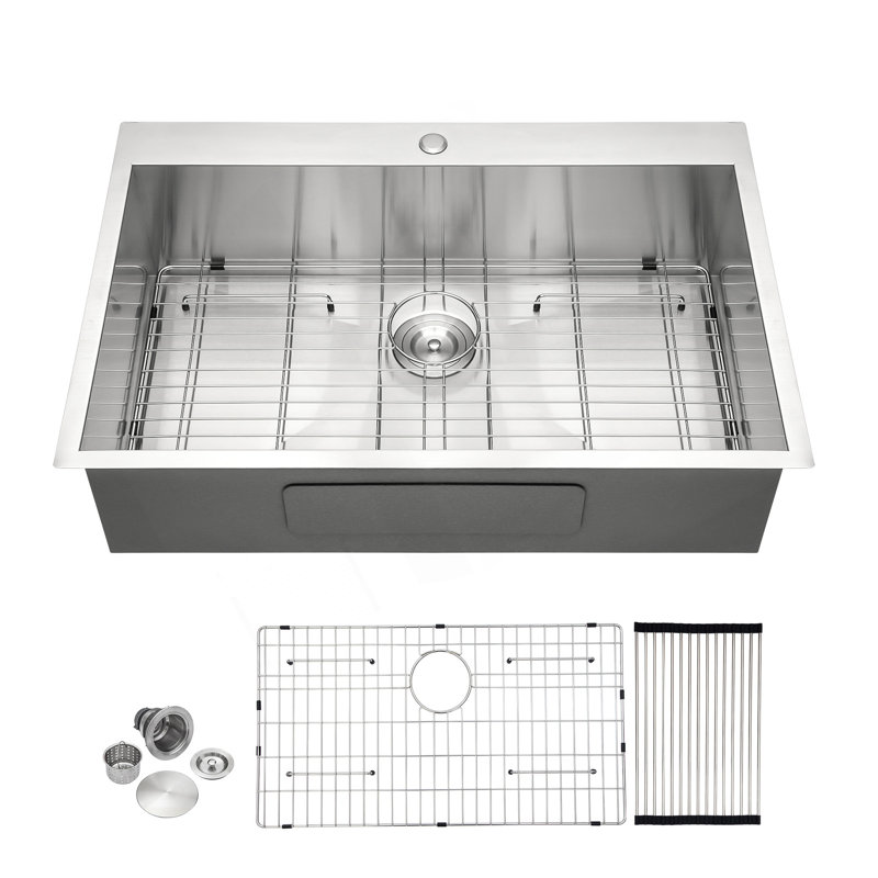 Évier de cuisine encastré 33 po x 22 po x 9 po à cuve simple en acier inoxydable de calibre 16 33 po