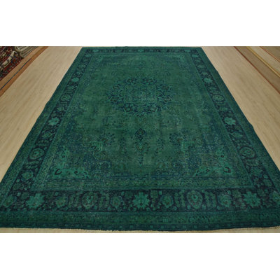 Mashad Rug 9’8” X 12’5” Green Wool Vintage Overdyed Hand-Knotted Carpet