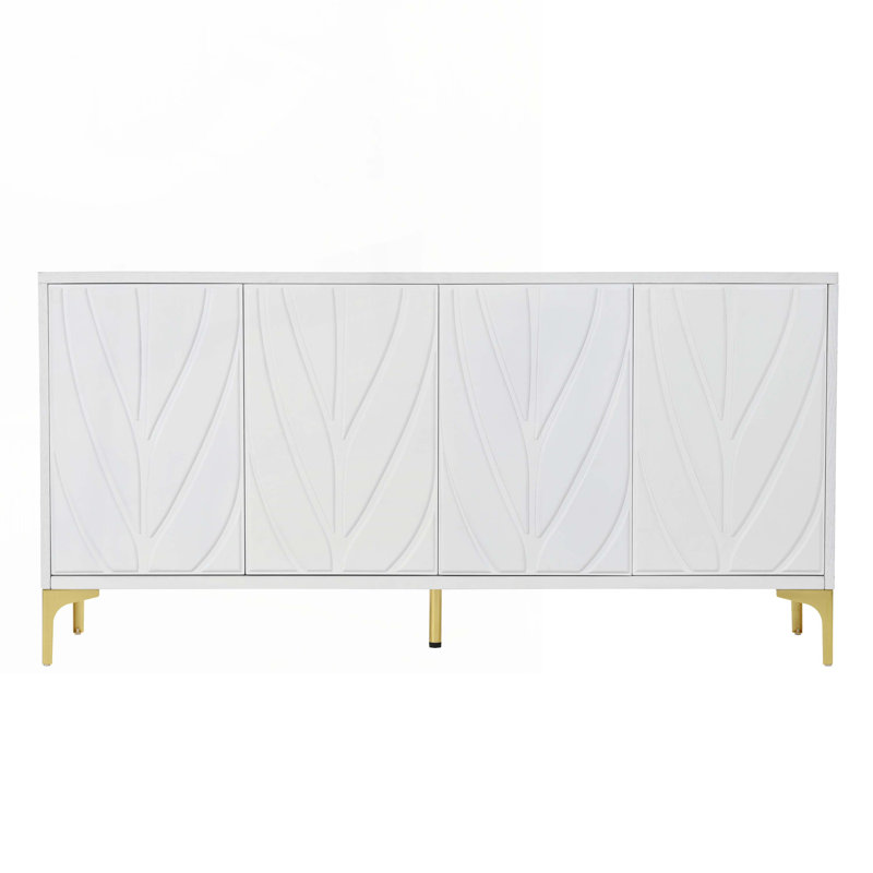Wood Console Table with  Carved 4-door Sideboard,2 Shelves