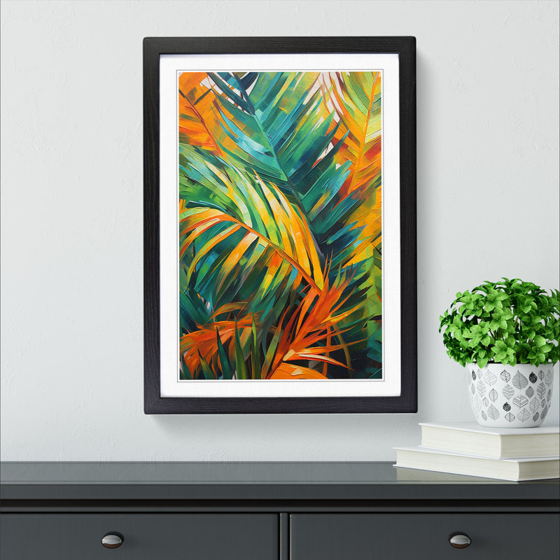 Palm Leaf Action Painting - Single Picture Frame Print on Wood, Black Framed, 34cm H x 25cm W x 2cm D