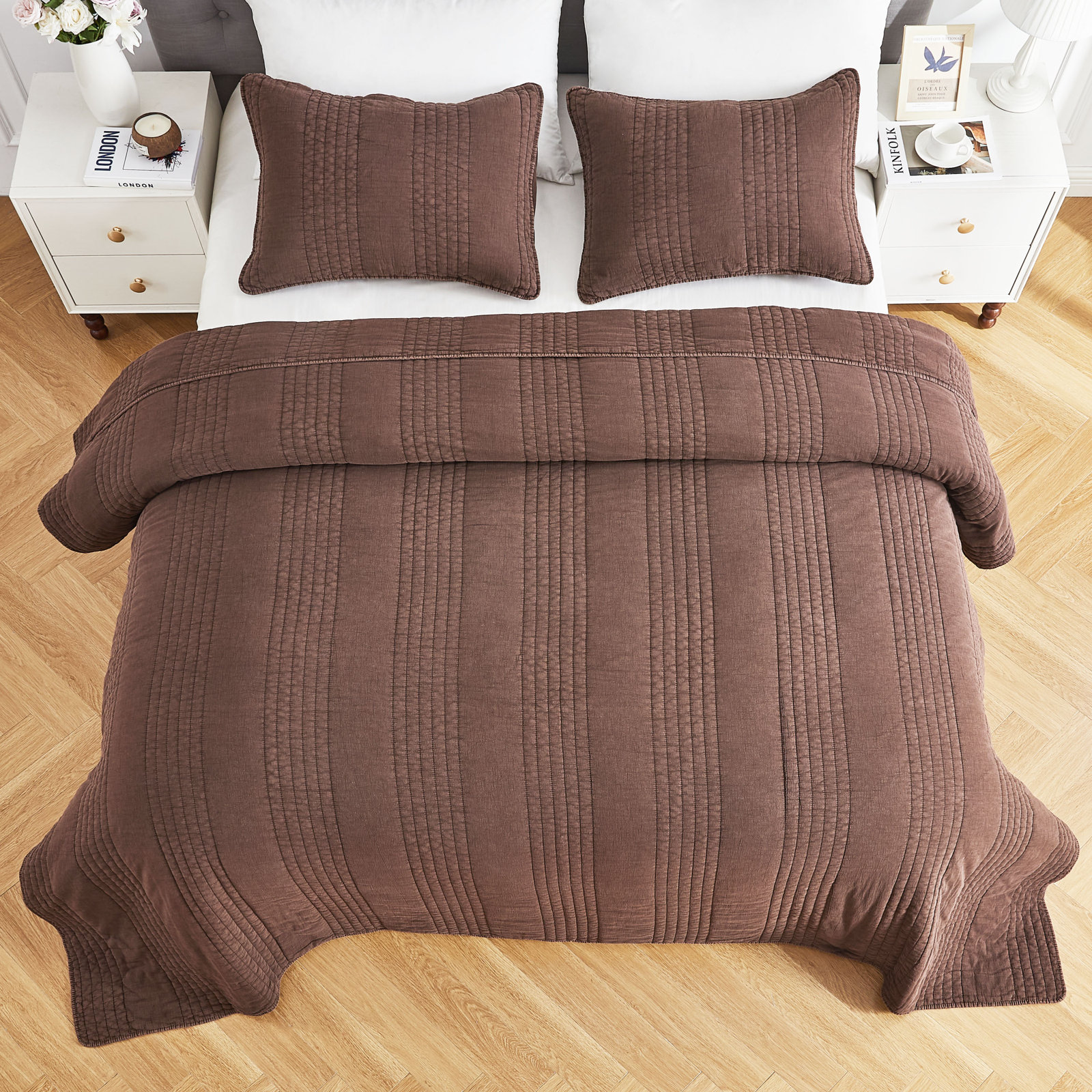 Cotton Quilt Set, Queen Quilt + 2 Standard Shams, Espresso