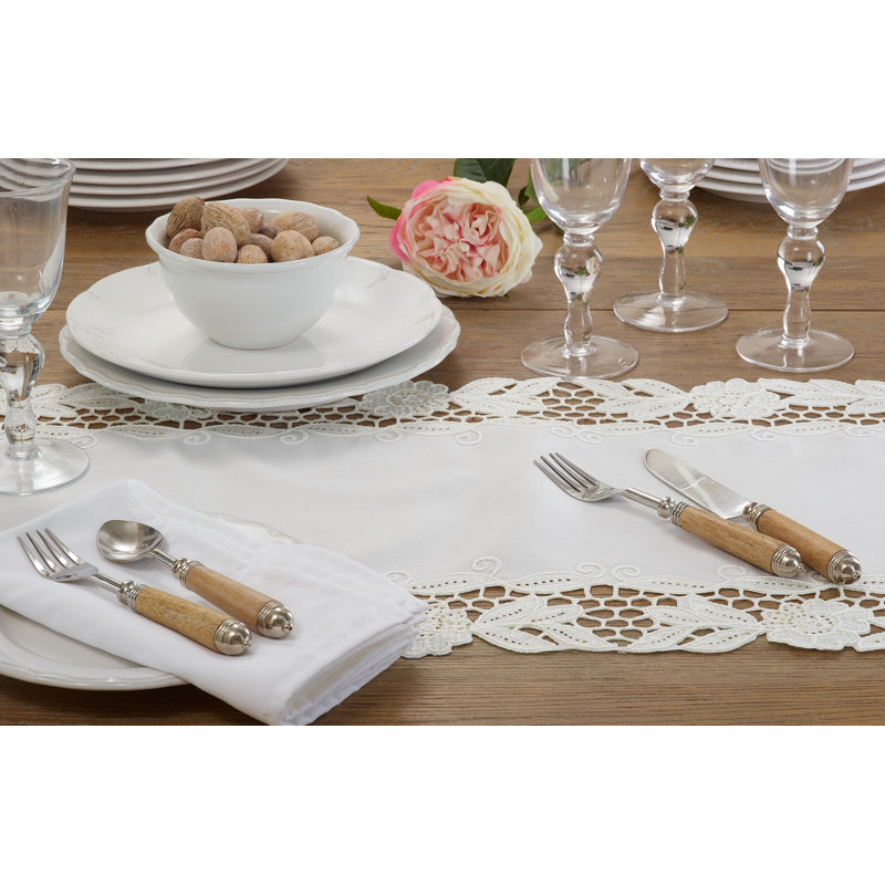 Ivory Floral Embroidered Polyester Table Runner