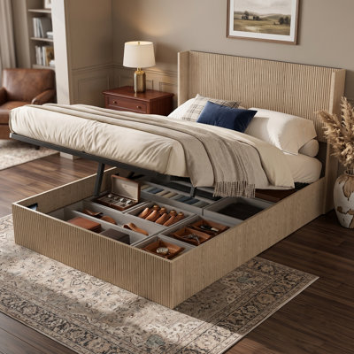 Grand lit plateforme moderne en bois d'ingénierie avec rangement pneumatique et texture cannelée