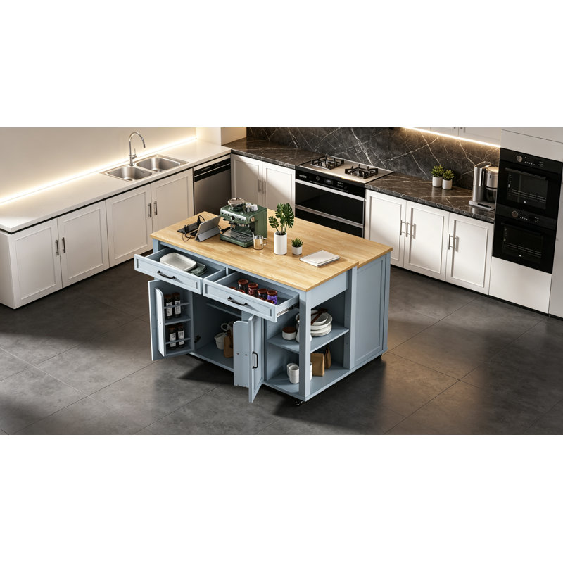 Extendable Kitchen Island with Dining Table, Internal Storage, and Power Outlet for Versatile Use and Space Efficiency