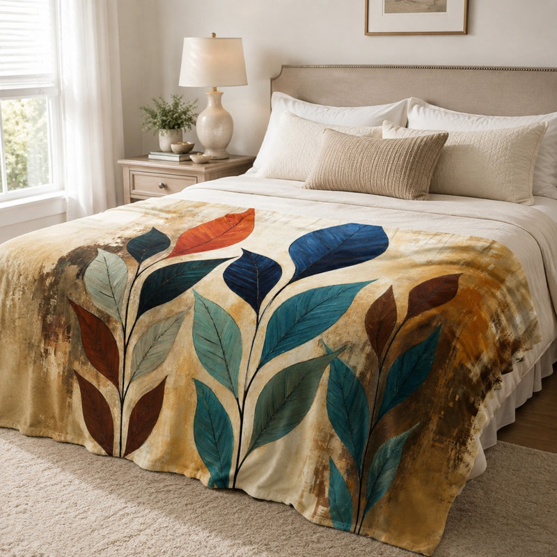 Abstract Botanical Leaves Throw Blanket, Artistic Vibrant Botanical Design Pattern, Ultra Soft, Lightweight, Breathable, All-Season, Skin-Friendly, Machine Washable, Decorative, for Sofa, Couch, Living Room and Bedroom