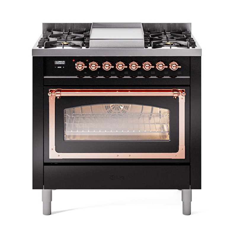 ILVE Nostalgie II Noblesse 36 in Dual Fuel Range, Glossy Black/Copper, Natural Gas