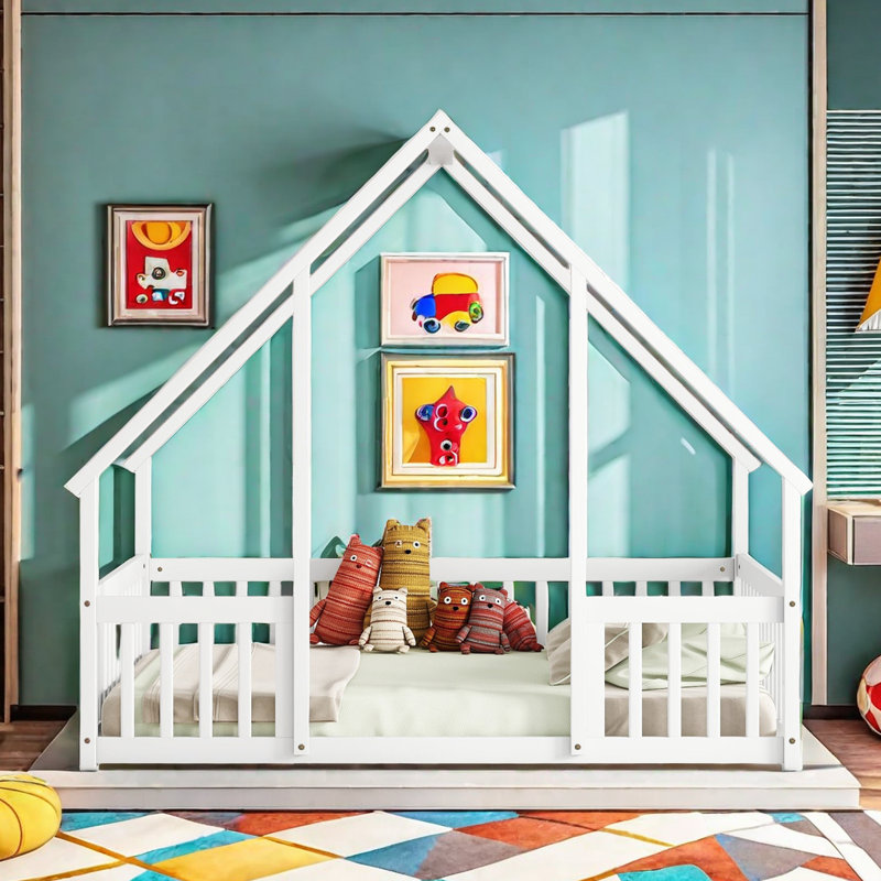 Wood House-Shaped Floor Bed With Fence, Guardrails, Full, White