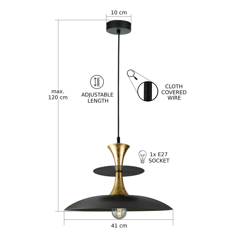 1 - Light Matte Black Dome Pendant, Black/Gold