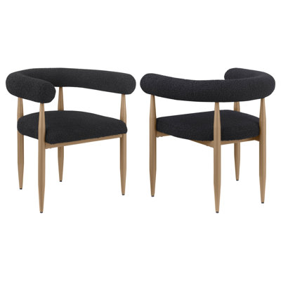 2Pc Set Modern U-Shaped Backrest Arms Dining Armchairs Textured Boucle Upholstered Back Dining Room Kitchen Furniture White Black