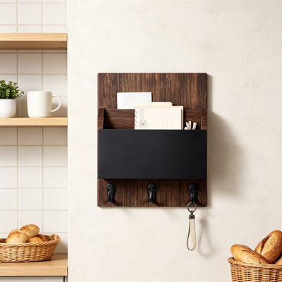 Wall Mount Key and Mail Holder with 2 Slots, Entryway Organizer with 3 Sturdy Hooks for Coats and Dog Leashes, Decorative Key Rack with Chalkboard for Notes