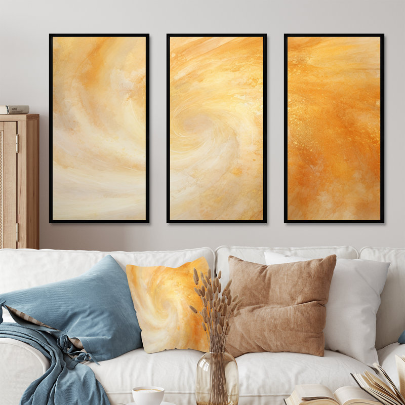 Champagne Sunrise Spiral - ensemble d'art mural spirales abstraites, Cadre flottant noir, H 32 po x l 48 po x P 1 po