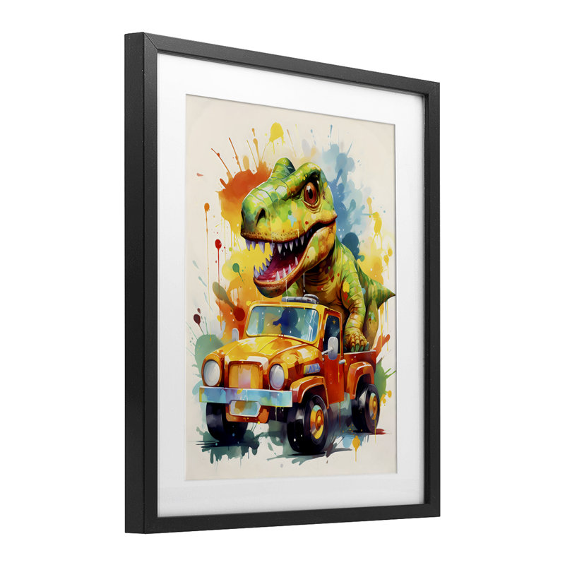 «Riding In Back Dino Car», reproduction d'art sous verre encadrée par Creative Studio, H 16 po x l 13 po, Cadre noir minuit