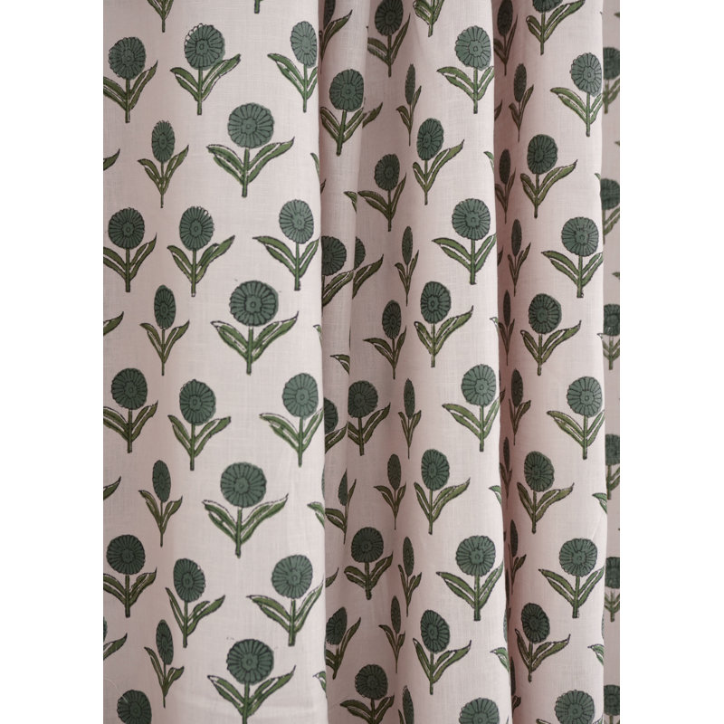 Rideau en lin vert à motif floral imprimé à la main à motif de blocs d'anneaux décoratifs Gendapushp, L 54 po x L 84 po