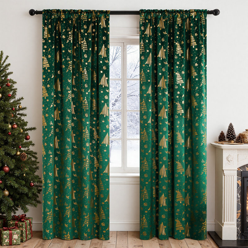 Christmas Curtains,Thermal Insulated Blackout Velvet Curtains, Noise Reducing Window Drapes Christmas Decorations, Printed Pattern Window Curtains