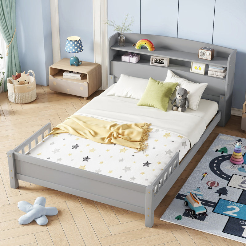 Solid Wood Platform Bed With Bookcase Headboard, Footboard, Adjustable Guardrails, Led Sensor Light, Gray, Full