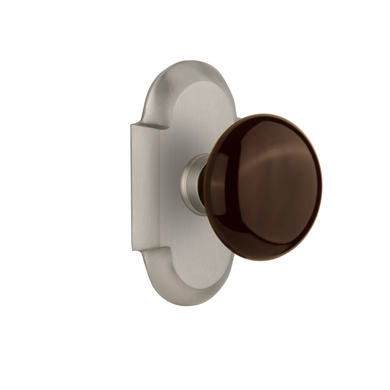 Cottage Plate with Brown Porcelain Door Knob, Satin Nickel, 2.375"